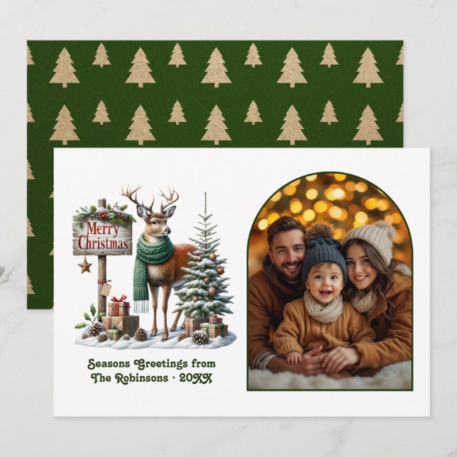Cartão De Festividades Woodland Deer Merry Christmas Rustic Forest Photo (Frente/Verso)