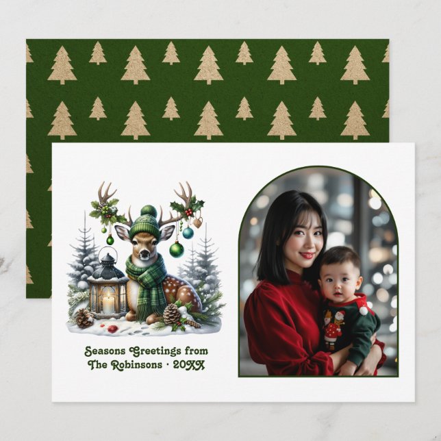 Cartão De Festividades Woodland Deer Rustic Christmas Forest Animal Photo (Frente/Verso)