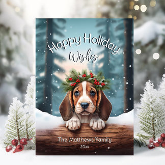 Cartão De Festividades Woodland Feliz Natal Deseja O Basset Hound Puppy