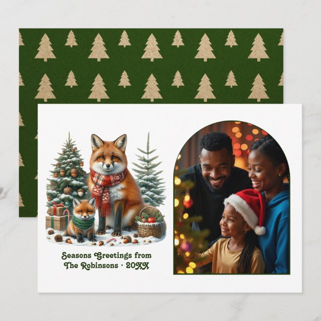 Cartão De Festividades Woodland Fox Rustic Forest Christmas Photo (Frente/Verso)