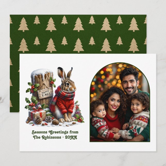 Cartão De Festividades Woodland Hare Rustic Forest Cozy Christmas Photo (Frente/Verso)