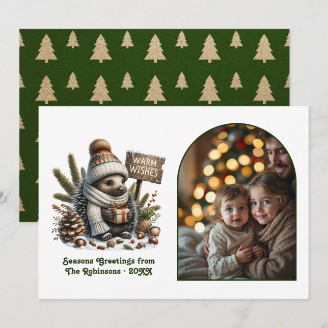 Cartão De Festividades Woodland Hedgehog Cozy Forest Christmas Photo (Frente/Verso)