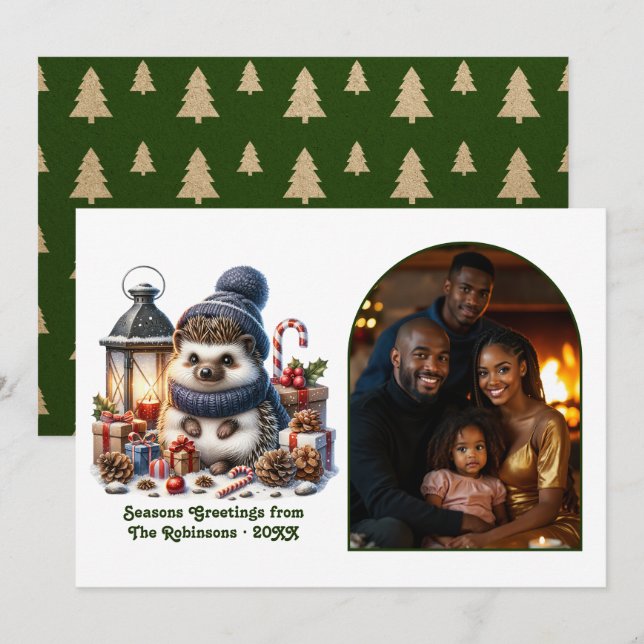 Cartão De Festividades Woodland Hedgehog Cozy Forest Christmas Photo (Frente/Verso)