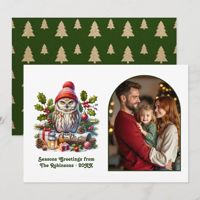 Cartão De Festividades Woodland Owl Cozy Forest Christmas Magic Photo (Frente/Verso)
