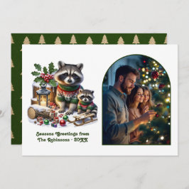 Cartão De Festividades Woodland Raccoon Family Rustic Forest Christmas