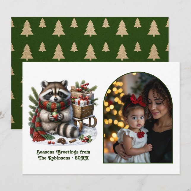 Cartão De Festividades Woodland Raccoon Seasons Greeting Rustic Christmas (Frente/Verso)
