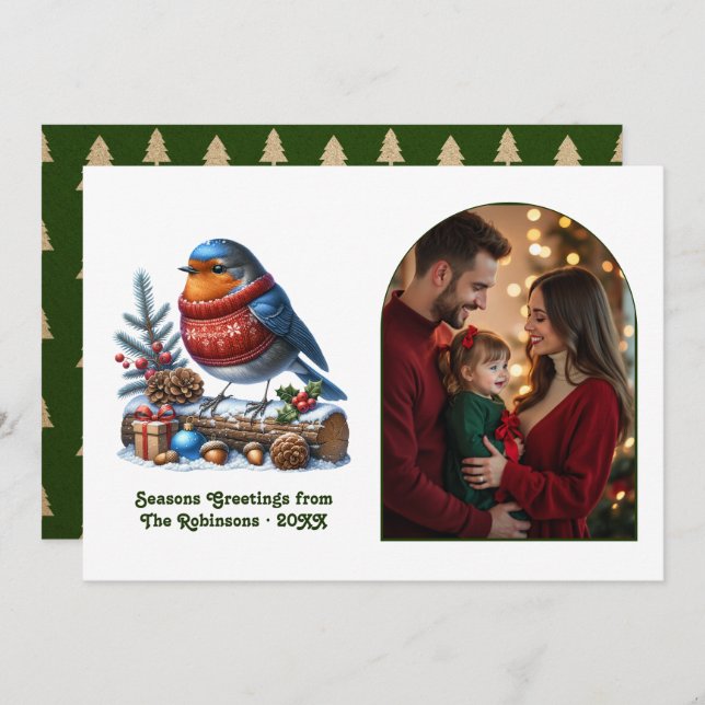 Cartão De Festividades Woodland Robin Cozy Forest Christmas Magic Photo (Frente/Verso)