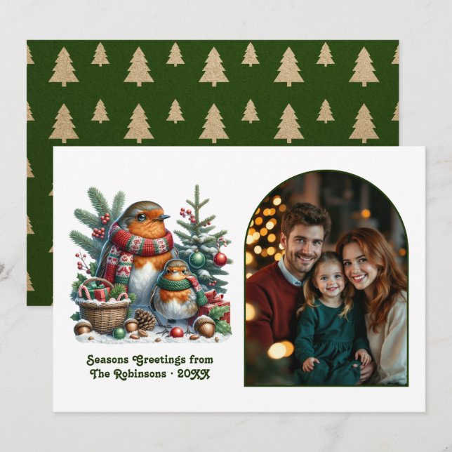 Cartão De Festividades Woodland Robin Family Cozy Forest Christmas Photo (Frente/Verso)
