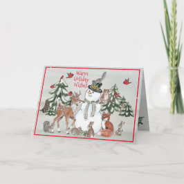Cartão De Festividades Woodland Snowman Deer Fox Christmas Deseja Cinza