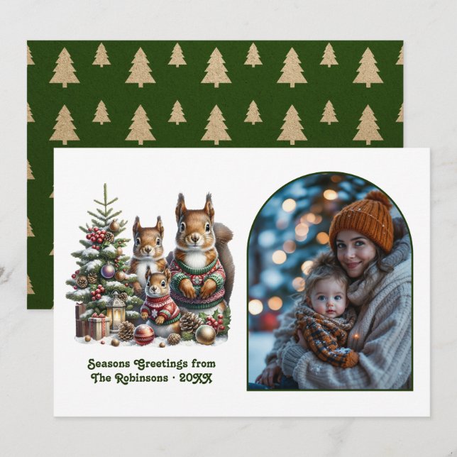 Cartão De Festividades Woodland Squirrel Family Cozy Forest Christmas (Frente/Verso)