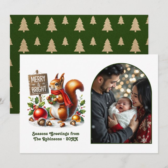 Cartão De Festividades Woodland Squirrel Merry and Bright Forest Photo (Frente/Verso)