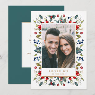 Cartão De Festividades Woodland Watercolor Berries Foto de Natal Frame