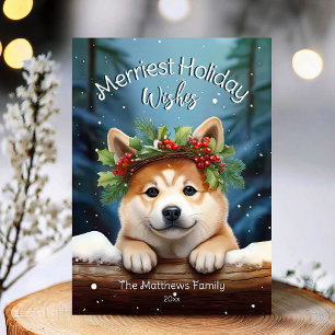 Cartão De Festividades Woodland Winter Akita Dog Merriest Wish