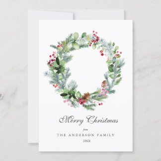 Cartão De Festividades Wreath Evergreen e Berries, Modern Watercolor