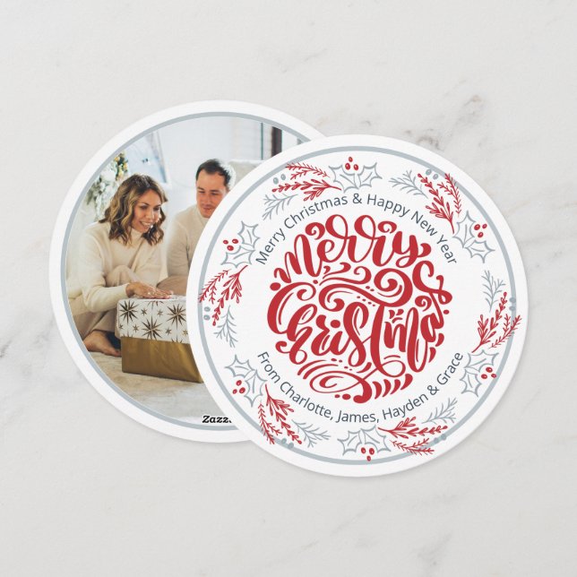 Cartão De Festividades Wreath Feliz Natal Foto Personalizada (Frente/Verso)