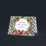 Cartão De Festividades Wreath Holly Berries Black Xadrez Business<br><div class="desc">Cartão de férias de xadrez de búfalo preto e branco, com uma faixa de aquarela de ramos, holly, bagas, ornamentos e cones em fundo de xadrez de búfalo preto e branco, enfeitado com estrelas. Personalize facilmente este elegante cartão de feriado comercial com o nome e o texto da sua empresa....</div>