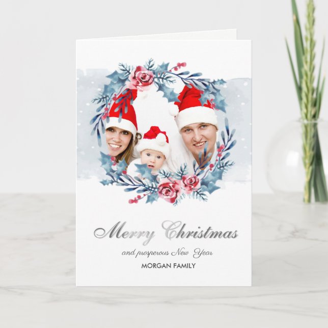 Cartão De Festividades Wreath Holly Berry Flowers Foto Feliz Natal (Frente)