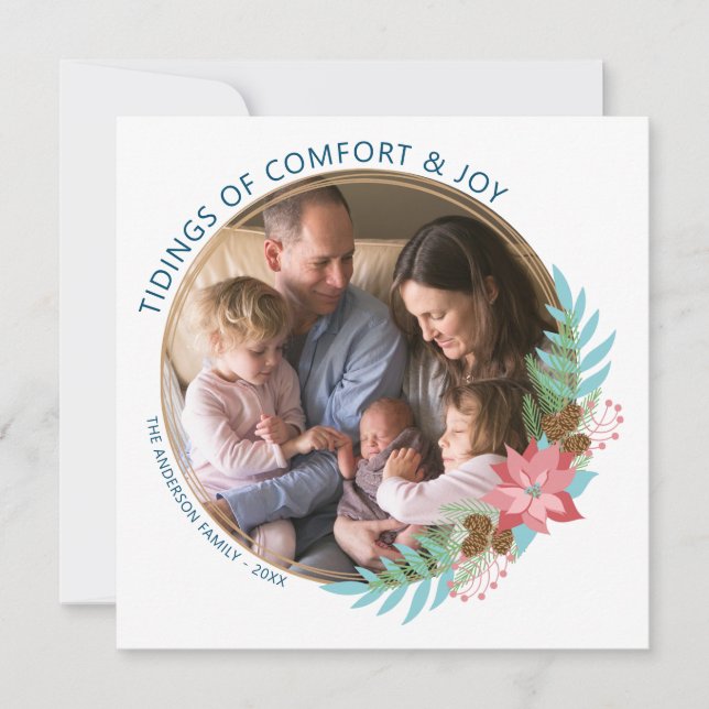 Cartão De Festividades Wreath Poinsettia | Foto Natal (Frente)