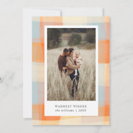 Cartão De Festividades Xadrez aquarela | Foto laranja creme azul claro