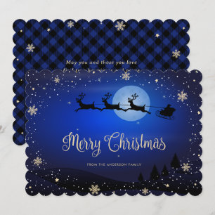 Cartão De Festividades Xadrez Azul Floco de Neve Reindeer Santa Claus