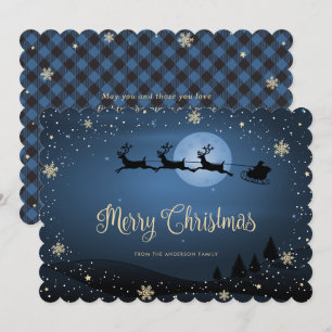 Cartão De Festividades Xadrez Azul Floco de Neve Reindeer Santa Claus