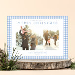 Cartão De Festividades Xadrez Azul Gingham - Duas Fotografias<br><div class="desc">Crie seus cartões de Natal personalizados com duas fotos de sua família,  ao lado do nome personalizado da tipografia minimalista e do ano,  em um fundo de xadrez de gingham azul giro.</div>
