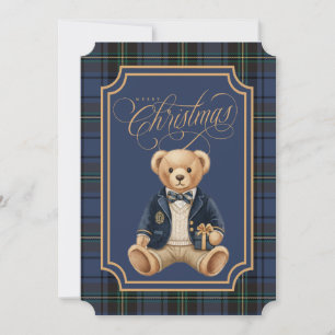 Cartão De Festividades Xadrez Azul Tartan Urso de Natal