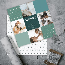 Cartão De Festividades Xadrez Azul Verde 4 Foto Feliz Natal