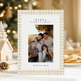 Cartão De Festividades Xadrez Beige Gingham Foto Feliz Feriado de Natal