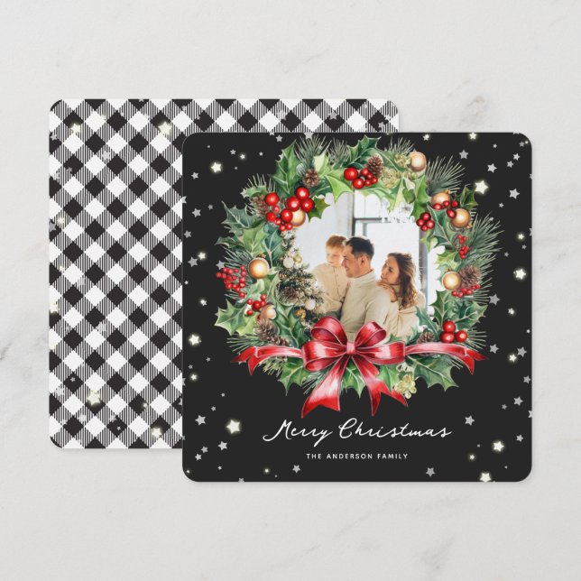 Cartão De Festividades Xadrez branca negra Foto de wreath Feliz Natal (Frente/Verso)