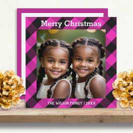 Cartão De Festividades Xadrez Búfalo Rosa Personalizado com Foto Natal