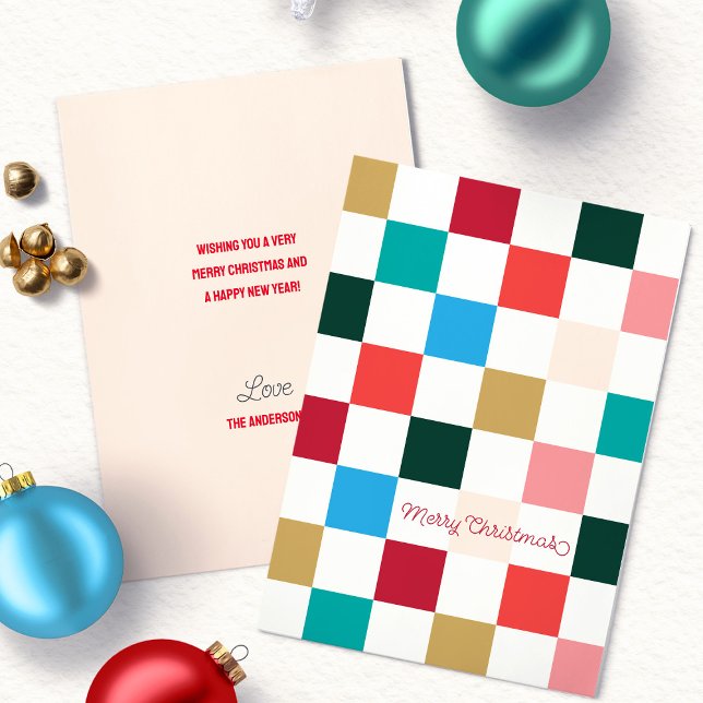 Cartão De Festividades Xadrez Colorido Moderno (Modern Colorful Checkerboard Merry Christmas Script Typography flat holiday card)
