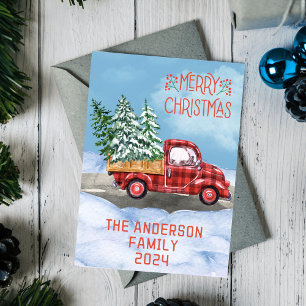 Cartão De Festividades Xadrez de Aquarela Vermelha Neve Feliz Natal