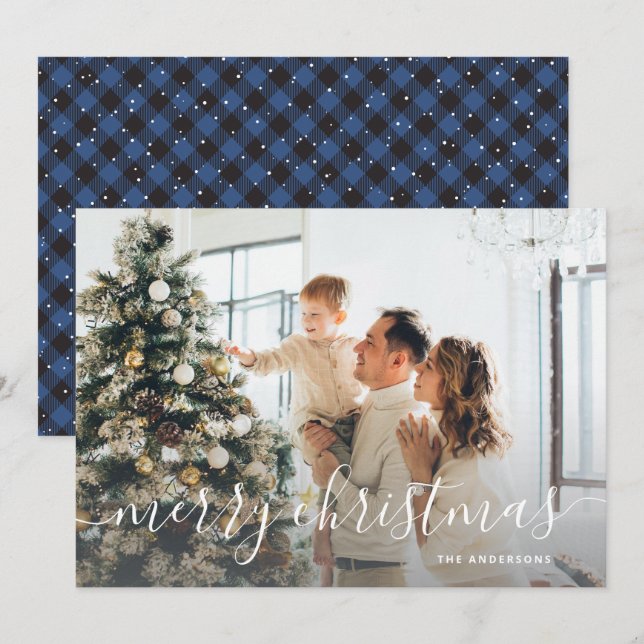 Cartão De Festividades Xadrez de Buffalo Azul Negro Foto Feliz Natal (Frente/Verso)