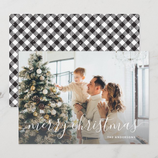 Cartão De Festividades Xadrez de Buffalo Branco Negro Foto Feliz Natal (Frente/Verso)