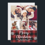 Cartão De Festividades Xadrez de Buffalo Vermelho e Negro Foto Feliz Nata<br><div class="desc">Design/modelo apresenta uma colagem de 4 fotos decorada com flocos de neve,  roteiro elegante e fundo de xadrez vermelho e preto de na moda.</div>