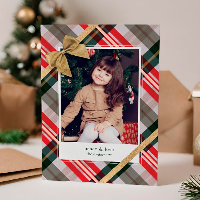 Cartão De Festividades Xadrez De Candy Cane Presente Com Presente Foto Em (Candy Cane Plaid Gift Wrapped & Bow Present Photo Holiday Card)