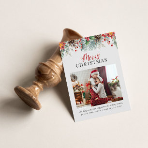 Cartão De Festividades Xadrez de fotos da família Feliz Natal Red Gingham