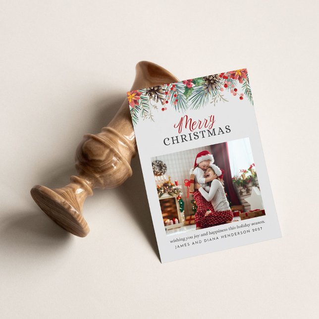 Cartão De Festividades Xadrez de fotos da família Feliz Natal Red Gingham (Criador carregado)