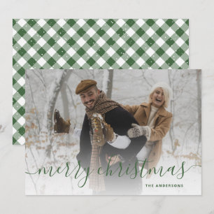 Cartão De Festividades Xadrez de Gingham Verde Foto Feliz Natal