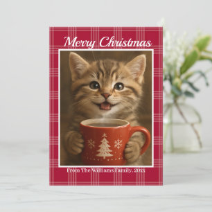 Cartão De Festividades xadrez de natal feliz, foto de gatinho fofo vermel