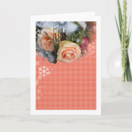 Cartão De Festividades Xadrez dos rosas do pêssego do Feliz Natal