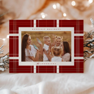 Cartão De Festividades Xadrez Elevada Cozy Cabin Forest Burgundy Beige
