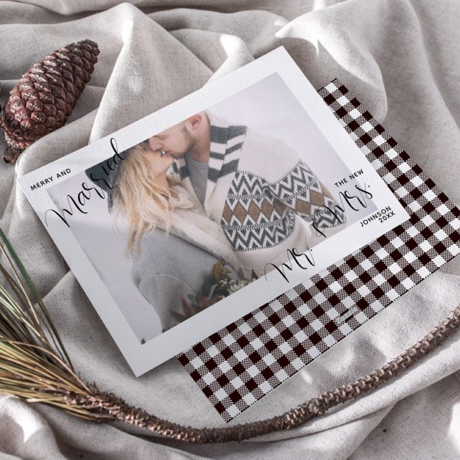 Cartão De Festividades Xadrez Feliz & Casado Script  Sr. & Sra. Foto (Criador carregado)