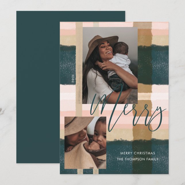 Cartão De Festividades Xadrez feliz Verde e Xadrez Rosa Modernos  Duas Fo (Frente/Verso)