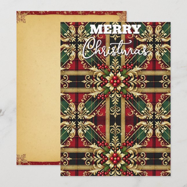 Cartão De Festividades Xadrez Festivo Vermelho Verde e Dourado Elegante (Frente/Verso)