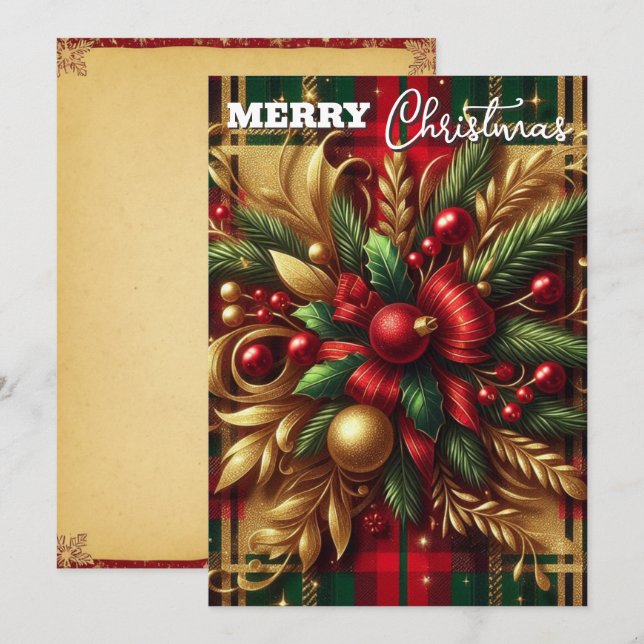 Cartão De Festividades Xadrez Luxuoso Vermelho e Verde com Acentos Festiv (Frente/Verso)