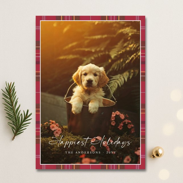 Cartão De Festividades Xadrez Modern Script Happiest Holidays Puppy Foto (Criador carregado)