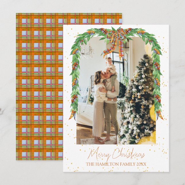 Cartão De Festividades Xadrez Orange Arco Garland Foto Natal (Frente/Verso)