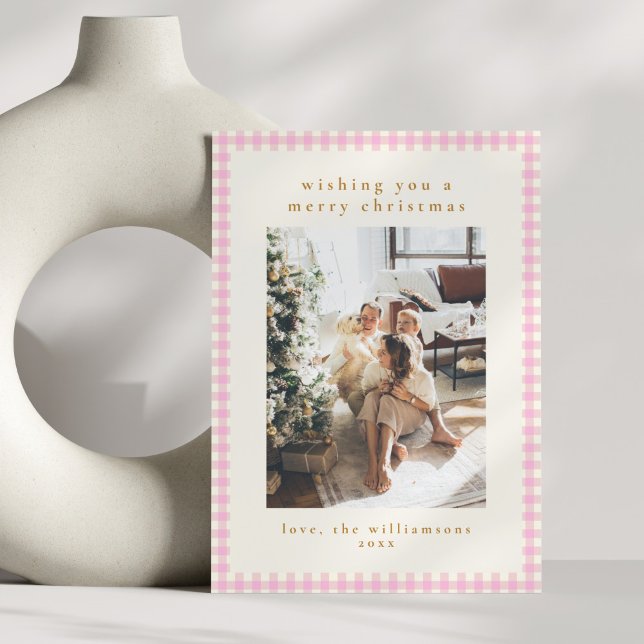 Cartão De Festividades Xadrez Rosa Gingham Retrato Duas Fotografias Natal (Criador carregado)